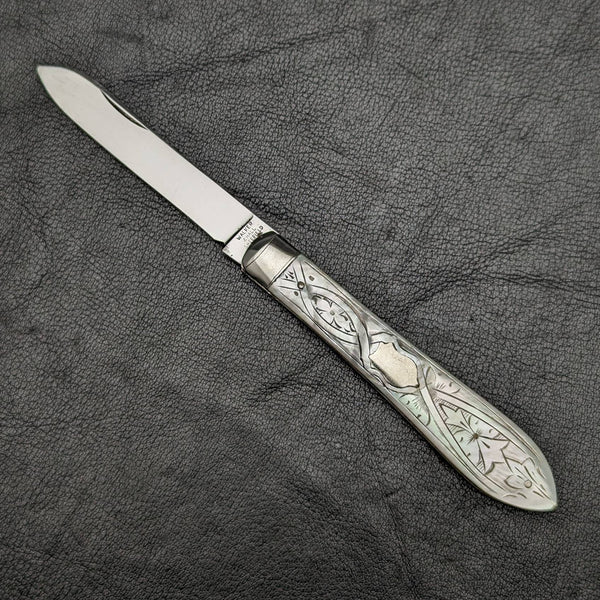 British Antique White Pearl Shell Handle Stainless Blade Folding Fruit Knife